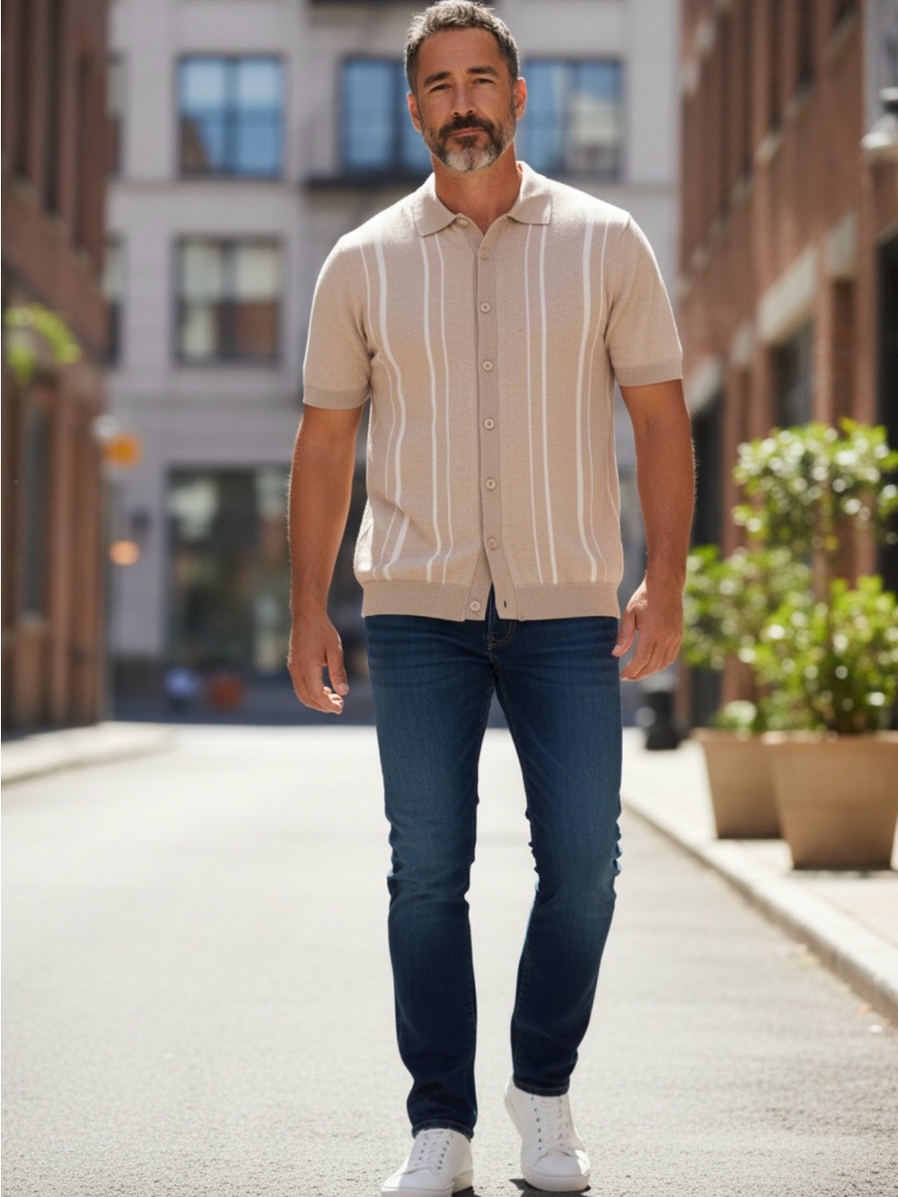 Men Beige Short-Sleeve Button Polo White Stripes-Brand new, never used, no tag.